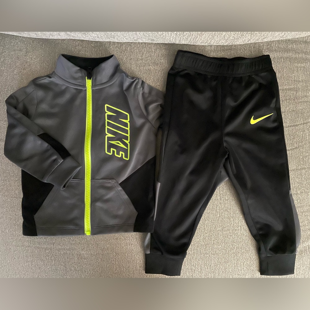 Kids Nike Black and Gray Tracksuit with Neon Yellow Accents